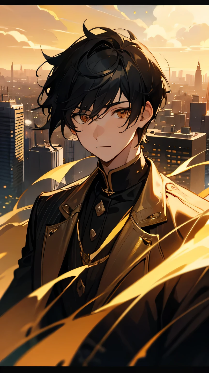1.5, light novel cover, best quality, high quality, High definition, High quality texture, high detail, beautiful detailed, finely detailed, extremely detailed cg, detailed texture, 1man, boy, male, solo leveling inspired, black jacket, striped gold jacket, black hair, short hair, golden eyes, ((DARK ROOM)), no obstructions, city skyline, golden sky, golden aura, no words, no room, outside, far shot, perfect eyes, anime