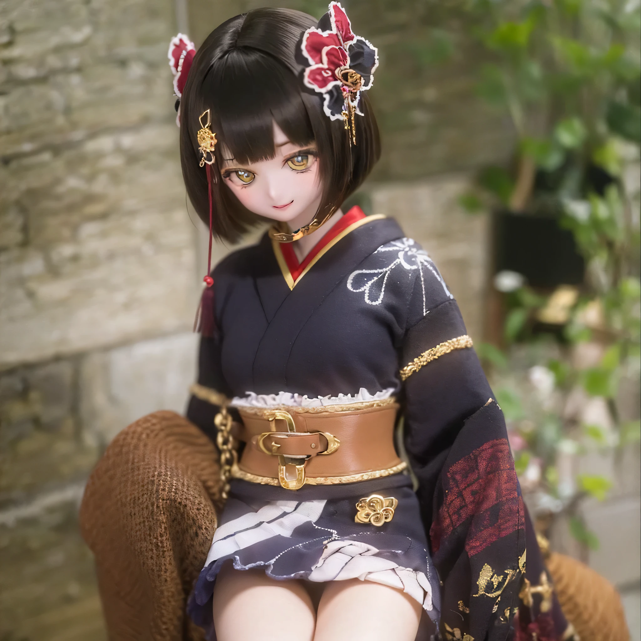 (highest quality,High resolution,masterpiece:1.2),Very detailed,Realistic,(Me in a kimono,Beautiful details,Beautiful lip detail,Very detailed目と顔,Long eyelashes),Traditional Japanese,geisha,hairpin,Delicate embroidery,Floral,Sleeves flow,harmonious colors,Soft lighting、Smiling face with a fan、Bobcut、Black hair show your legs