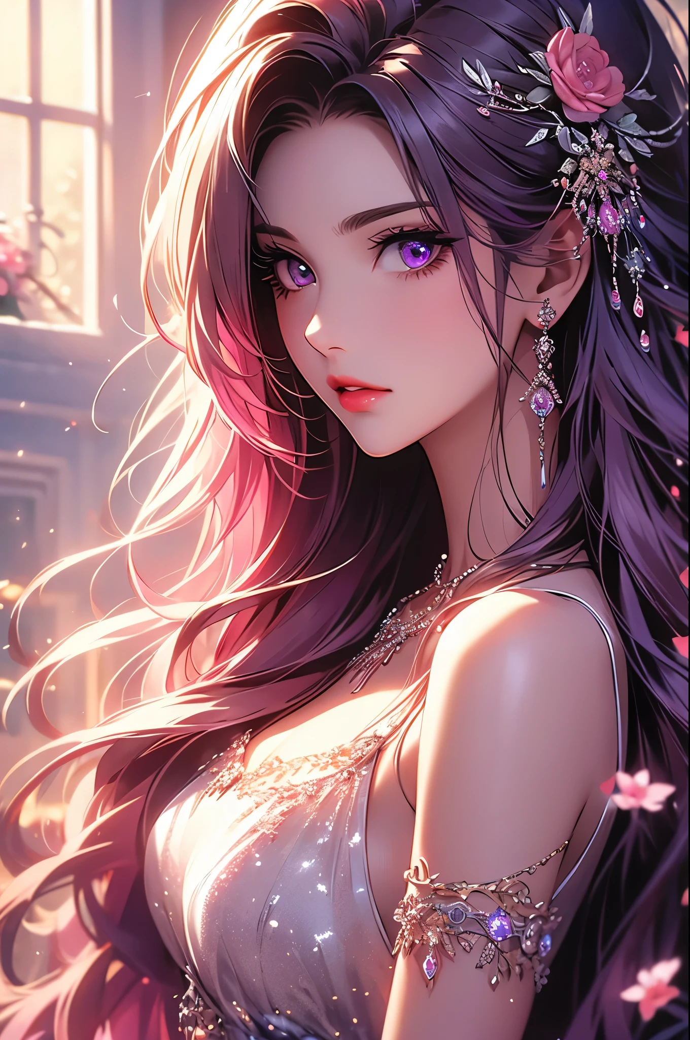 (best quality at best, 8K, a high resolution, masterpiece:1.2), digital artwork, one girl, detailed face, detailed eyes, pink hair, long straight hair, glowing purple eyes, red lips, suspenders, fantasy landscape, vibrant colors, soft lighting, whimsical atmosphere, blooming flowers, flowing dress, delicate details, ethereal background, dreamy aura