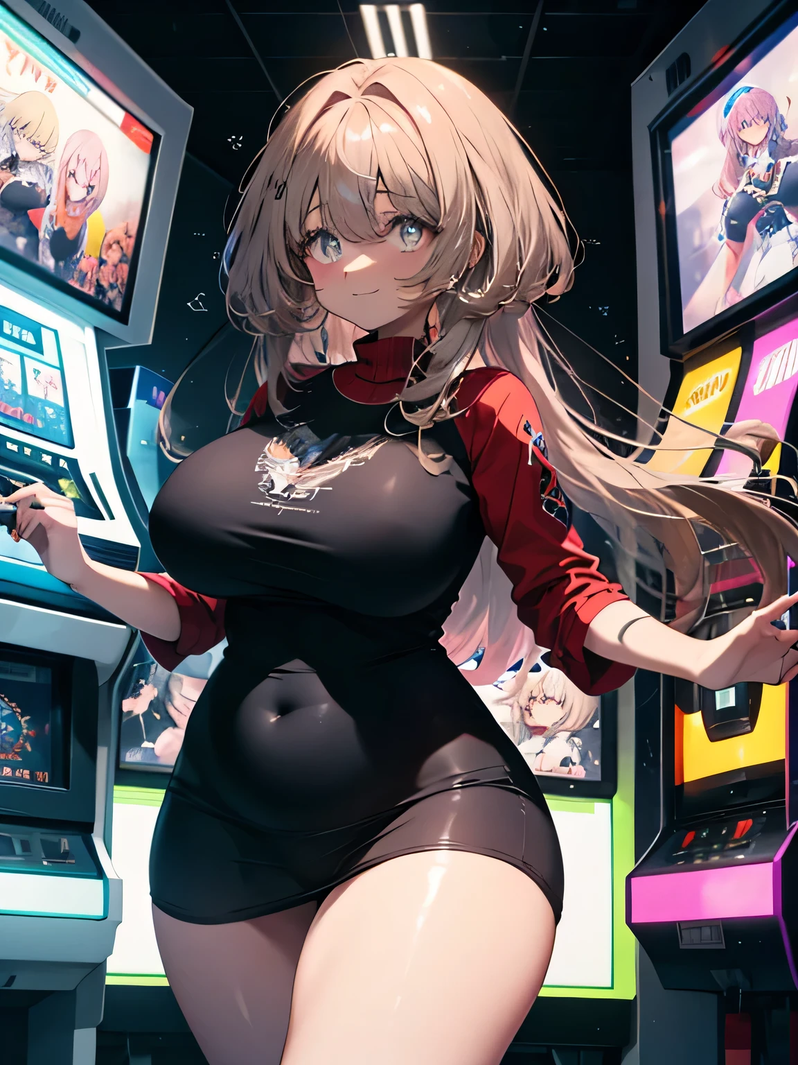 Anime illustration、highest quality、cyber punk、Miscellaneous Game Center、A plump gal with brown skin、Dance Game Machine、Casual summer clothes、Perfect proportions、Big Breasts、Thick legs、Beautiful, shining eyes、smile