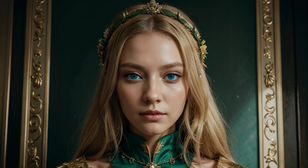 a beautiful empress portrait, blonde hair, perfect blue eyes, with a brilliant, impossible striking big Christmas headpiece, clothes Santa robes, everything Christmas, snow, symmetrical, dramatic studio lighting, rococo, baroque, greens, asian, hyperrealism, closeup, D&D, fantasy, intricate, elegant, highly detailed, digital painting, artstation, octane render, 8k, concept art, matte, sharp focus