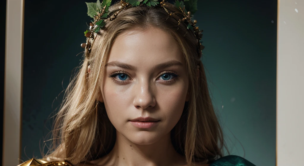 a beautiful empress portrait, blonde hair, perfect blue eyes, with a brilliant, impossible striking big Christmas headpiece, clothes Santa robes, everything Christmas, snow, symmetrical, dramatic studio lighting, rococo, baroque, greens, asian, hyperrealism, closeup, D&D, fantasy, intricate, elegant, highly detailed, digital painting, artstation, octane render, 8k, concept art, matte, sharp focus