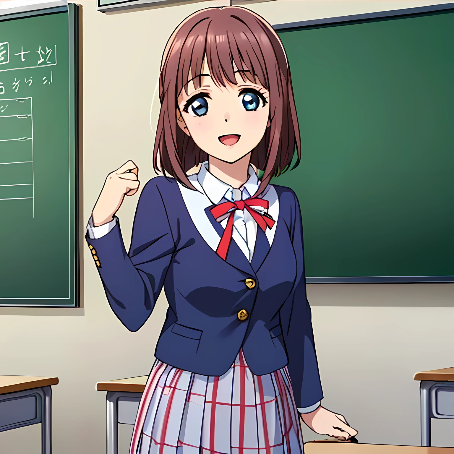 highest quality, (masterpiece:1.2), Very detailed, Game CG, (((Very beautiful girl in school uniform１A fashion model is looking at the camera and asking the viewer))), ((The girl everyone loves)), (((Brown and very shiny short bob hair))), ((Navy blue blazer)), ((Navy blue pleated long skirt)), ((((Very beautiful and shining eyes)))), ((Very long eyelashes)), A large crimson ribbon on the chest, ((An elegant expression like a noble princess)), (((A beautiful and enchanting smile))), Small face and great posture, ((Heavenly happiness)), (((The background is a school classroom with the wind blowing))), ((Very intelligent face)), ((Anime heroine smiling and open mouth))