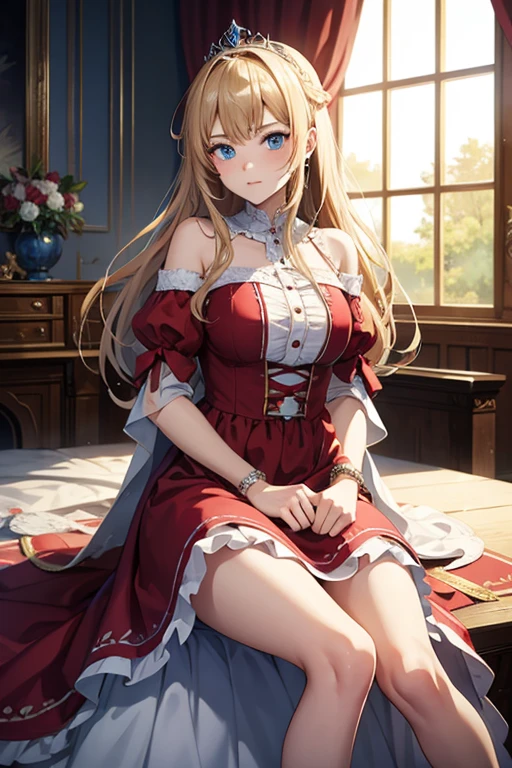 masterpiece, highest quality, High resolution, 15-year-old girl、blue eyes、
blonde,  Bad mood、Long Hair、Crimson Dress, Clothes with puffy shoulders、Long skirt、Tiara on head、royal palace、Sitting on the throne