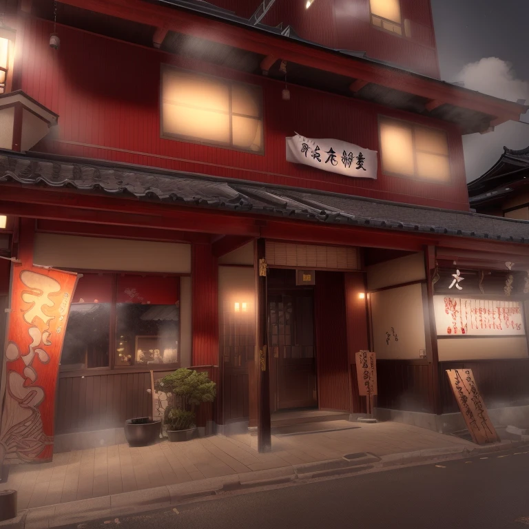 there is a building with a sign that says the japanese restaurant, restaurant!!, kintsukuroi, katsushika, exterior, hakusensha, Shogakukan, surface side, yakisugi, restaurant!, sen no rikyu, celestial beings, shin - hanga, shin-hanga, momoshiki ōtsutsuki