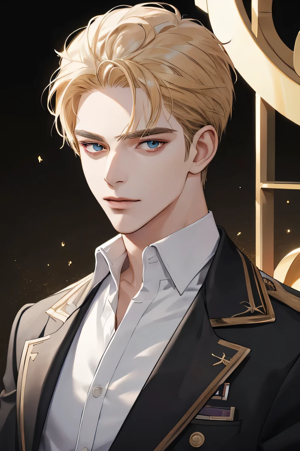 (tmasterpiece, high resolution, ultra - detailed:1.0), 1boy, Perfect male body, Eyes look at the camera, (short golden hair, forehead , white shirt, black 3-piece-suit,closed mouth, color difference, Depth of field, dramatic shadow, Ray tracing, Best quality, Portrait,Extremely detailed CG, 8k wallpaper, carolina eyes, half body perfect, wearing black sweather, very tall, body perfect, carolina eyes