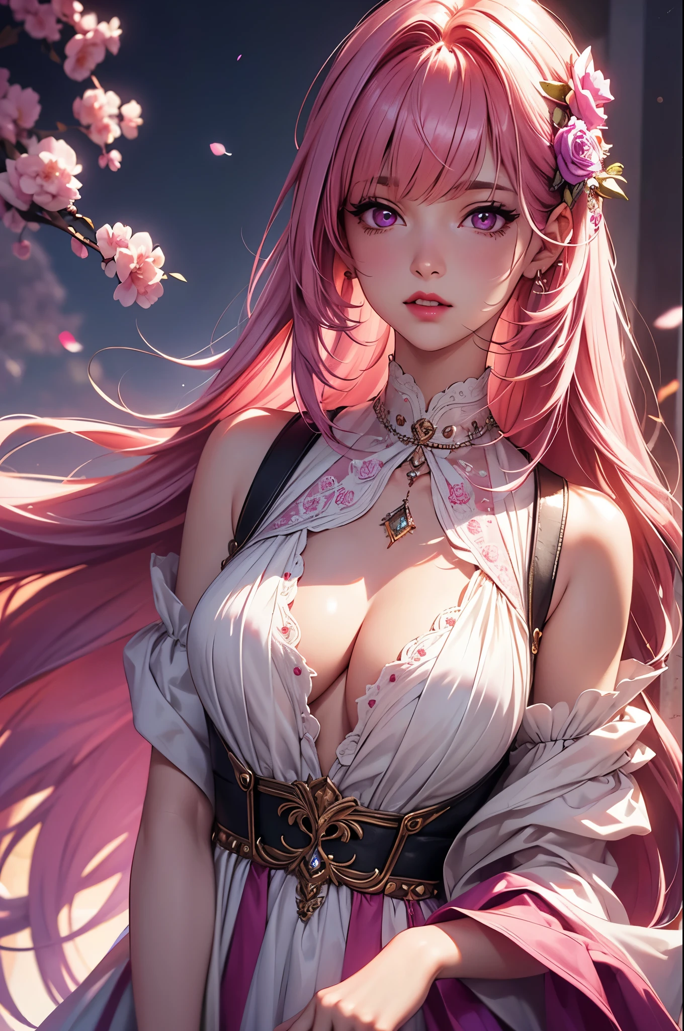 (best quality at best, 8K, a high resolution, masterpiece:1.2), digital artwork, one girl, detailed face, detailed eyes, pink hair, long straight hair, glowing purple eyes, red lips, suspenders, fantasy landscape, vibrant colors, soft lighting, whimsical atmosphere, blooming flowers, flowing dress, delicate details, ethereal background, dreamy aura