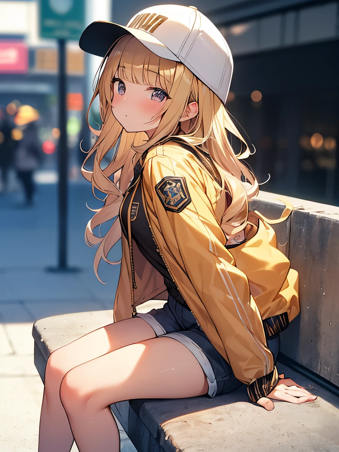 Masterpiece, Top quality, 1 beautiful girl, Blonde, medium Hair, wavy Hair, blunt bangs, silky hair, 17 year old, standard weight, medium breasts, (cool jacket, Shorts :1.3), cap, happy, blush, beautiful scene of  subway, blurry background, back lighting, magnificent panorama view, sitting, from side