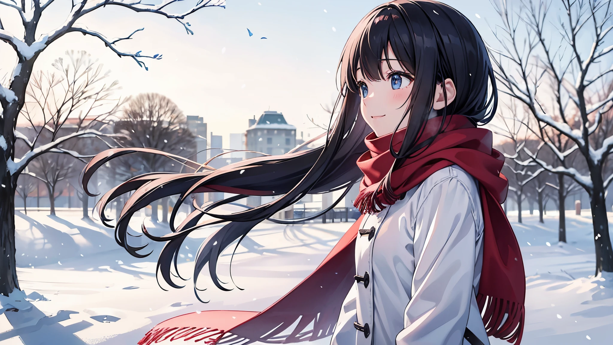 On a clear winter day with falling snow、With her red scarf fluttering in the wind、Profile of a young woman looking up at the sky and smiling。In the background, a snowy landscape and bare trees are painted in soft, pale pink and blue tones.々There is。Characterized by dreamy, soft light and shadow。