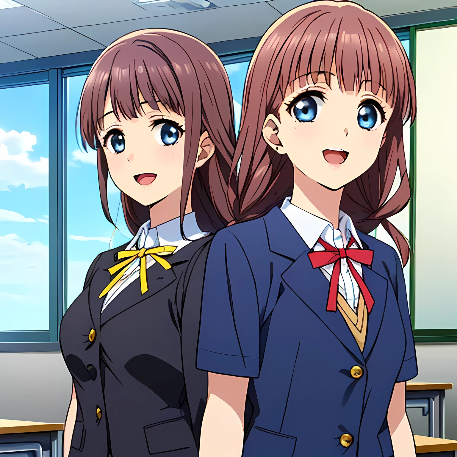 highest quality, (masterpiece:1.2), Very detailed, Game CG, (((Very beautiful girl in school uniform１A fashion model is looking at the camera and asking the viewer))), ((The girl everyone loves)), (((Brown and very shiny short bob hair))), (((Navy blue blazer))), ((Navy blue pleated long skirt)), ((((Very beautiful and shining eyes)))), ((Very long eyelashes)), A large crimson ribbon on the chest, ((An elegant expression like a noble princess)), (((A beautiful and enchanting smile))), Small face and great posture, ((Heavenly happiness)), (((The background is a school classroom with the wind blowing))), ((Very intelligent face)), ((Anime heroine smiling and open mouth))