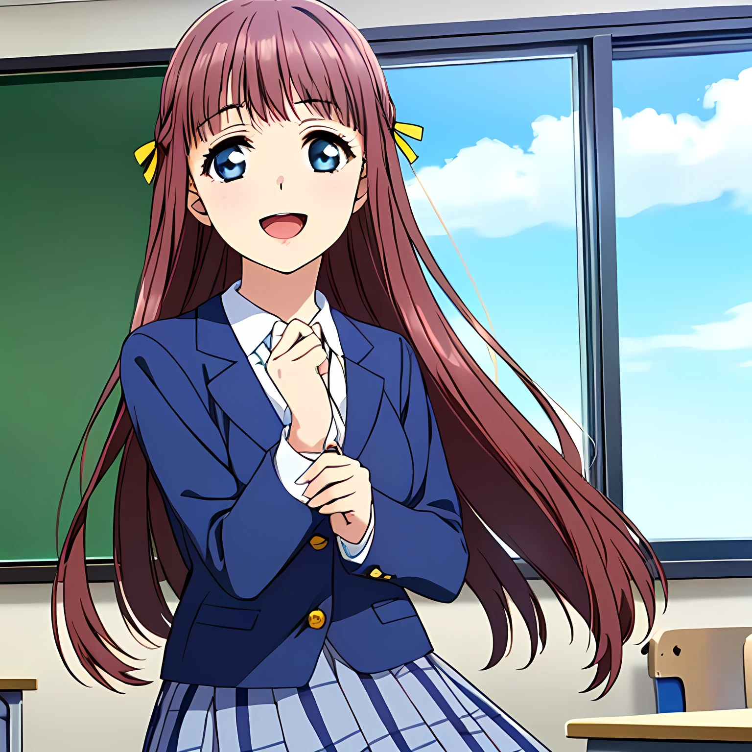 highest quality, (masterpiece:1.2), Very detailed, Game CG, (((Very beautiful girl in school uniform１A fashion model is looking at the camera and asking the viewer))), ((The girl everyone loves)), (((Brown and very shiny short bob hair))), (((Navy blue blazer))), ((Navy blue pleated long skirt)), ((((Very beautiful and shining eyes)))), ((Very long eyelashes)), A large crimson ribbon on the chest, ((An elegant expression like a noble princess)), (((A beautiful and enchanting smile))), Small face and great posture, ((Heavenly happiness)), (((The background is a school classroom with the wind blowing))), ((Very intelligent face)), ((Anime heroine smiling and open mouth))