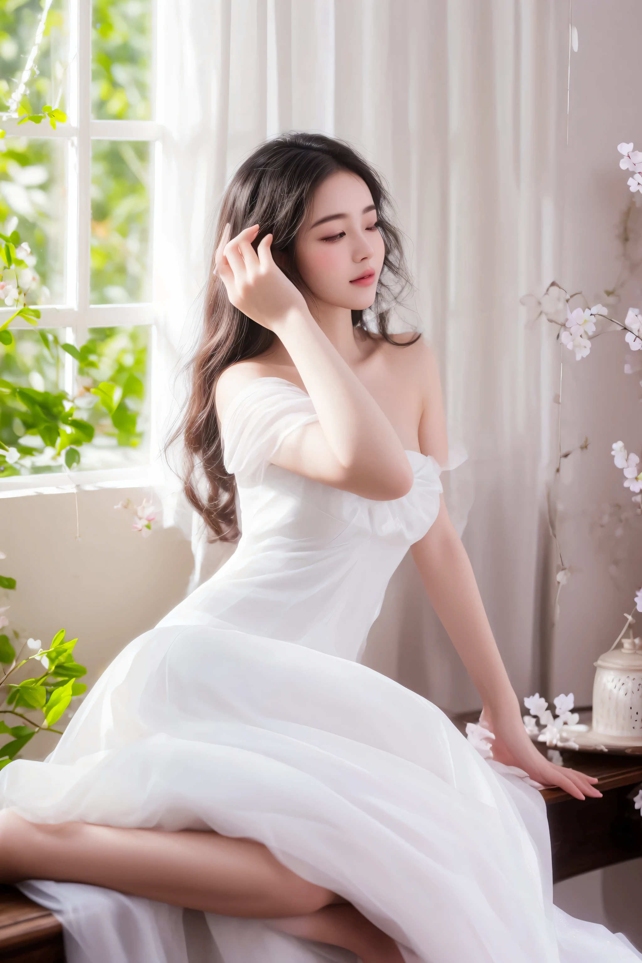 there is a woman in a white dress sitting on a table, a beautiful woman in white, ethereal beauty, cute elegant pose, stunning elegant pose, lovely woman, white gown, dreamy and ethereal, ethereal and dreamy, delicate soft hazy lighting, lovely languid princess, with backdrop of natural light, soft ethereal lighting, inspired by Pierre Auguste Cot, wearing organza gown