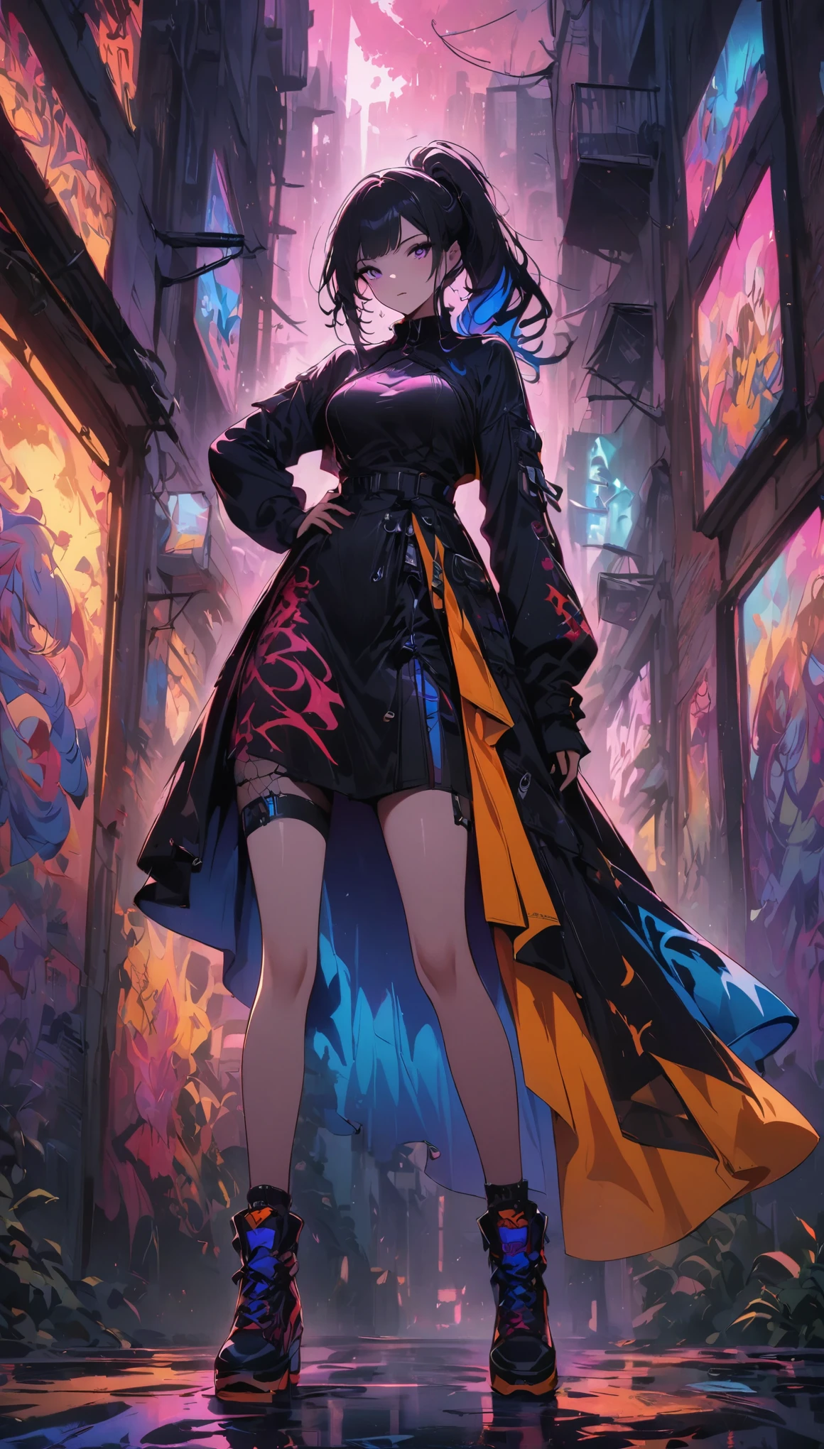 Look out for people wearing hip-hop clothes，Hip Hop Style，Lively的Street Art壁画，富有表现力的graffiti，Bold colors，city时尚，Intricate details，Vivid street scenes，city文化，Art beyond life，Rough texture，LivelyHip Hop Style，Exquisite brushwork，Eye-catching composition，High Contrast，Powerful visual impact，Unapologetic attitude，Isekai characters，Otherworldly gestures，Impressive artistic skills，Confident attitude，Contagious Energy，真实的Hip Hop Culture，Dynamic Movement，graffiti风格的时尚。image quality: （highest quality，4K，8k，高image quality解像度，masterpiece：1.2），Art Style: Street Art，graffiti，city，Hip Hop Culture，city时尚，Lively，Lively，tone: Bold colors、Vibrant colors、High Contrast灯光: Dynamic Lighting、Vibrant atmosphere、Street lamp light