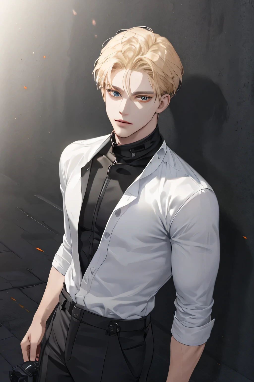 (tmasterpiece, high resolution, ultra - detailed:1.0), 1boy, Perfect male body, Eyes look at the camera, (short golden hair, forehead , white shirt, black 3-piece-suit,closed mouth, color difference, Depth of field, dramatic shadow, Ray tracing, Best quality, Portrait,Extremely detailed CG, 8k wallpaper, carolina eyes, half body perfect, wearing black sweather, very tall, body perfect, carolina eyes, half body look camera