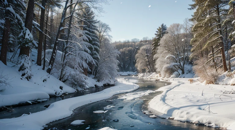 In a snowy forest with a frozen river