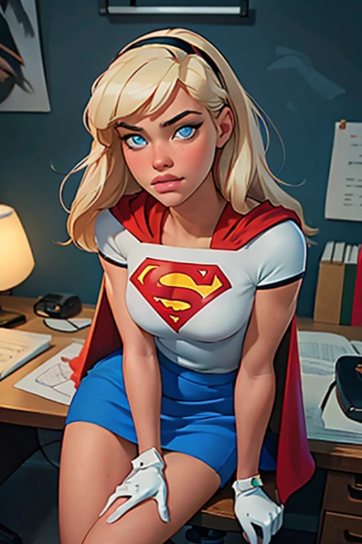 Masterpiece, raw, beautiful art, professional artist, 8k, very detailed face, very detailed hair, 1girl, Supergirl (blonde hair, long hair, hairband, blue eyes, gloves, red cape, blue skirt, white shirt), at the Daily Planet, in Lois' office, a sexy modern office, sitting on her desk, the desk is glass and see-through, POV, hot, horny, aroused, blushing, no labels, no branding, perfectly drawn body, beautiful face, long hair, very detailed eyes, rosey cheeks, intricate details in eyes, puckered lips, perfect fit body, beautiful body, extremely detailed, intricate details, highly detailed, sharp focus, detailed skin, realistic skin texture, texture, detailed eyes, high resolution, kodak vision color, foto_\(ultra\), post-processing, maximum detail, roughness, real life, ultra realistic, photorealism, photography, absurdres, RAW photo, highest quality, high detail RAW color photo, professional photo, extremely detailed UHD 8k wallpaper unit, best quality, highres, (masterpiece, top quality, high resolution:1.4), photo, cinematic, film grain, sharp, soft natural light, magic photography, super detailed