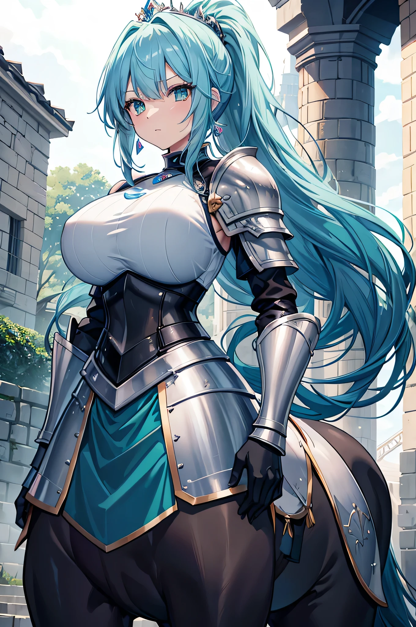 4k,High resolution,One Woman,Centaur,Bright blue hair,Long Ponytail,Green Eyes,Big Breasts,Princess Knight,knight armor,Heavy Armor,Full Armor,Princess Tiara,Jewelry decoration,Long sword,Plains