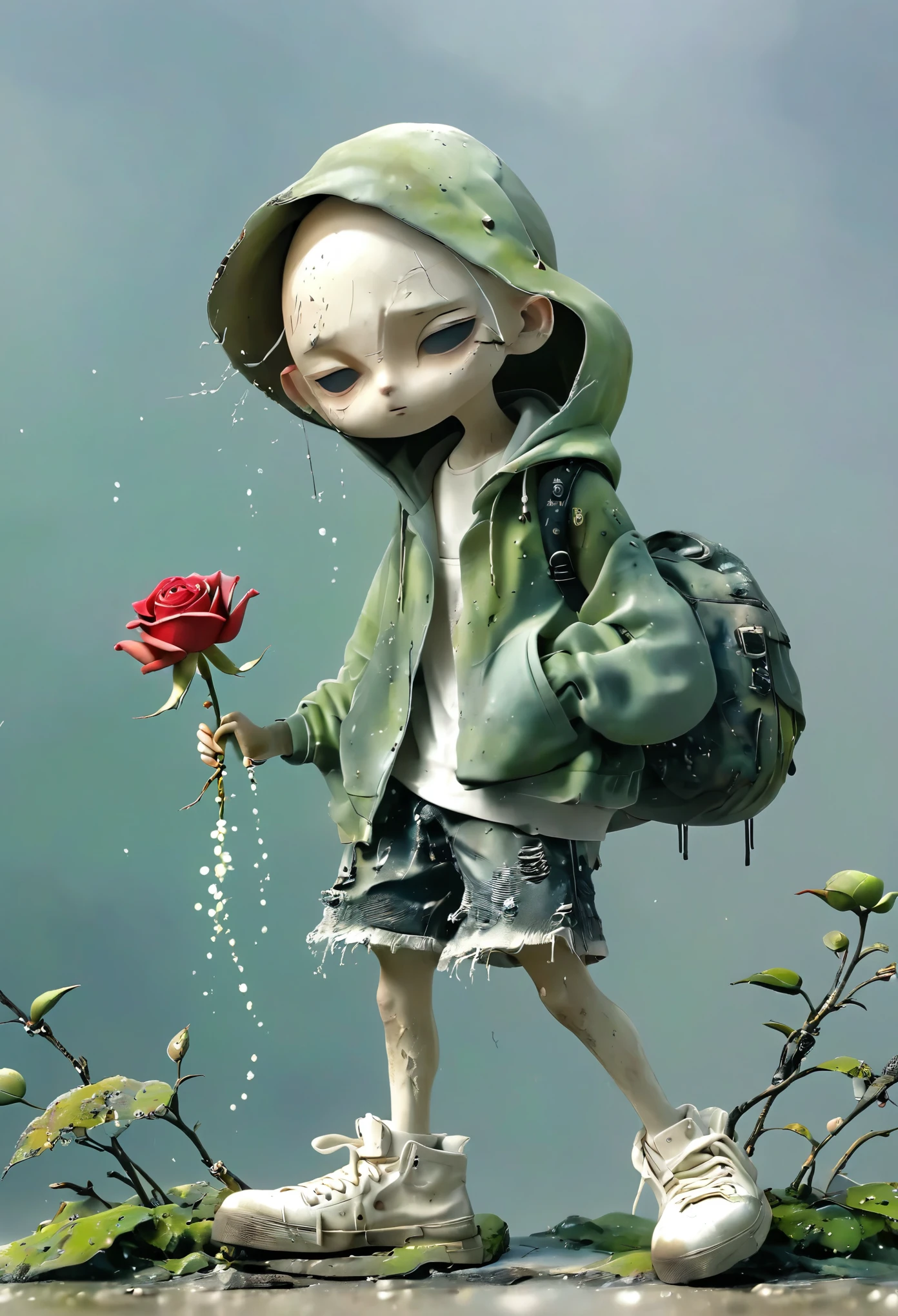 （Best quality：1.2），shabby，Dirty，(((Baldhead，Tattered Hoodie，shorts，shoe，Rose，individual，bone，dynamic，Footwear，))),Rainy Day，in the corner，spring，moss，Small white flowers