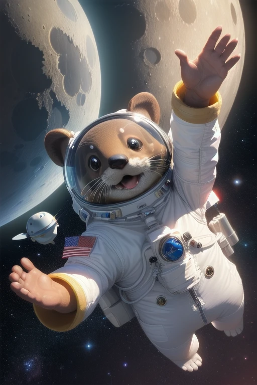 3D, 3D cartoon, cartoon otter, an otter wearing an astronaut costume, space ship, moon at background, outerspace