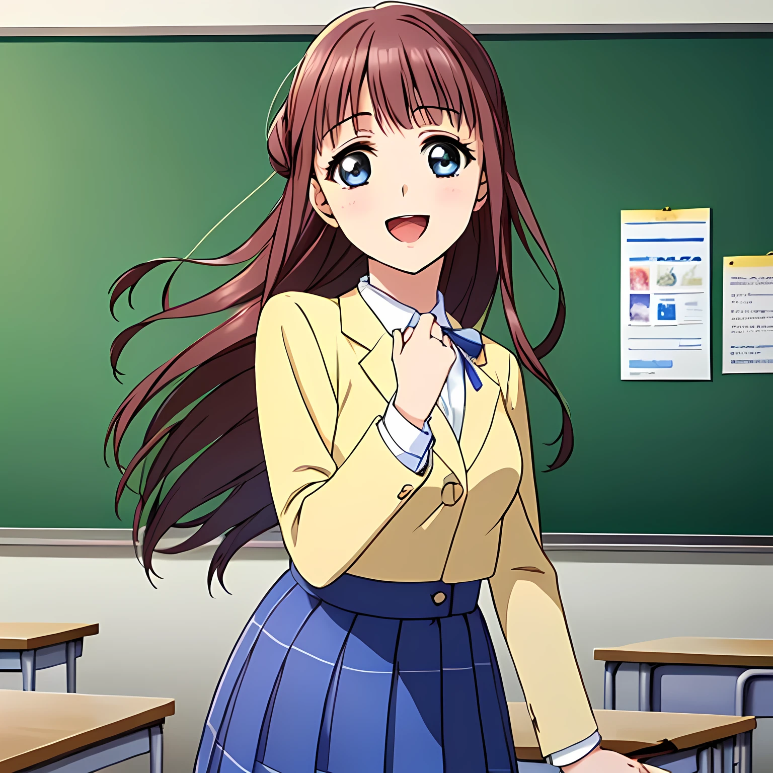 highest quality, (masterpiece:1.2), Very detailed, Game CG, (((Very beautiful girl in school uniform1A fashion model is looking at the camera and asking the viewer))), ((The girl everyone loves)), (((Brown and very shiny short bob hair))), (((Navy blue blazer))), ((Navy blue pleated long skirt)), ((((Very beautiful and shining eyes)))), ((Very long eyelashes)), A large crimson ribbon on the chest, ((An elegant expression like a noble princess)), (((A beautiful and enchanting smile))), Small face and great posture, ((Heavenly happiness)), (((The background is a school classroom with the wind blowing))), ((Very intelligent face)), ((Anime heroine smiling and open mouth))