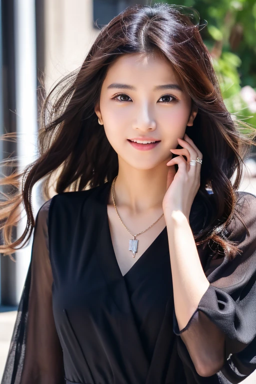 1 girl, 最high quality, Hair Black, Hair Wave, necklace, jewelry, Beautiful Face, Full Body View, Realistic, Outdoor, Black Dress, Digital SLR, Soft Light, high quality, Volumetric Light, Frank, photograph, High resolution, 4K, 8k, Background Blur