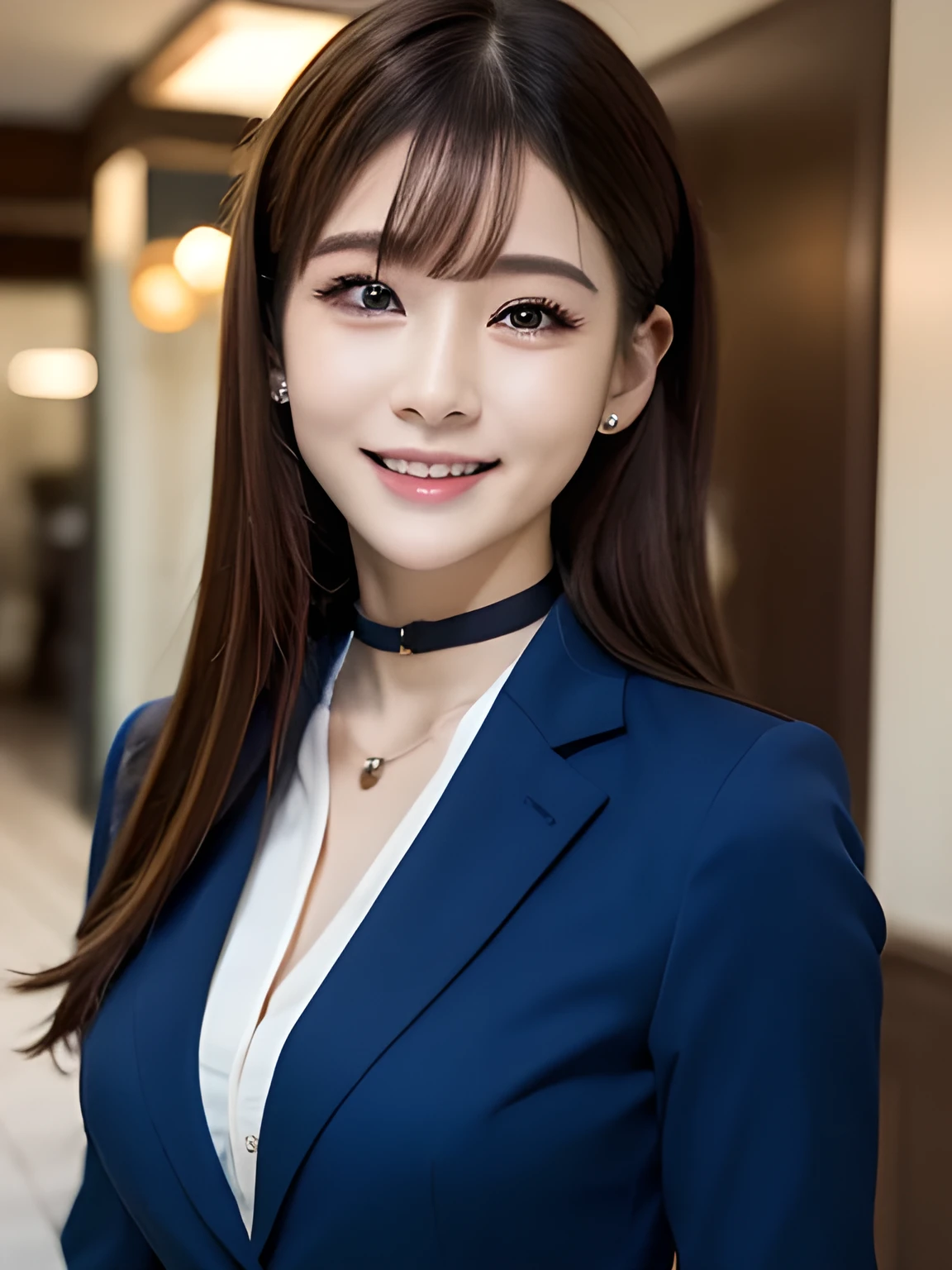 Tabletop, highest quality, Very detailed, finely, High resolution, 8k wallpaper, Perfect dynamic composition, Beautiful and beautiful eyes, Natural Lip,blazer , Dark blue business suit , Big Breasts, whole body, blue eyes , Black Choker , parlor , Natural Makeup, secretary , smile, Japanese women , bangs , Very long eyelashes、Straight Hair、Slim face、Balanced Eyes