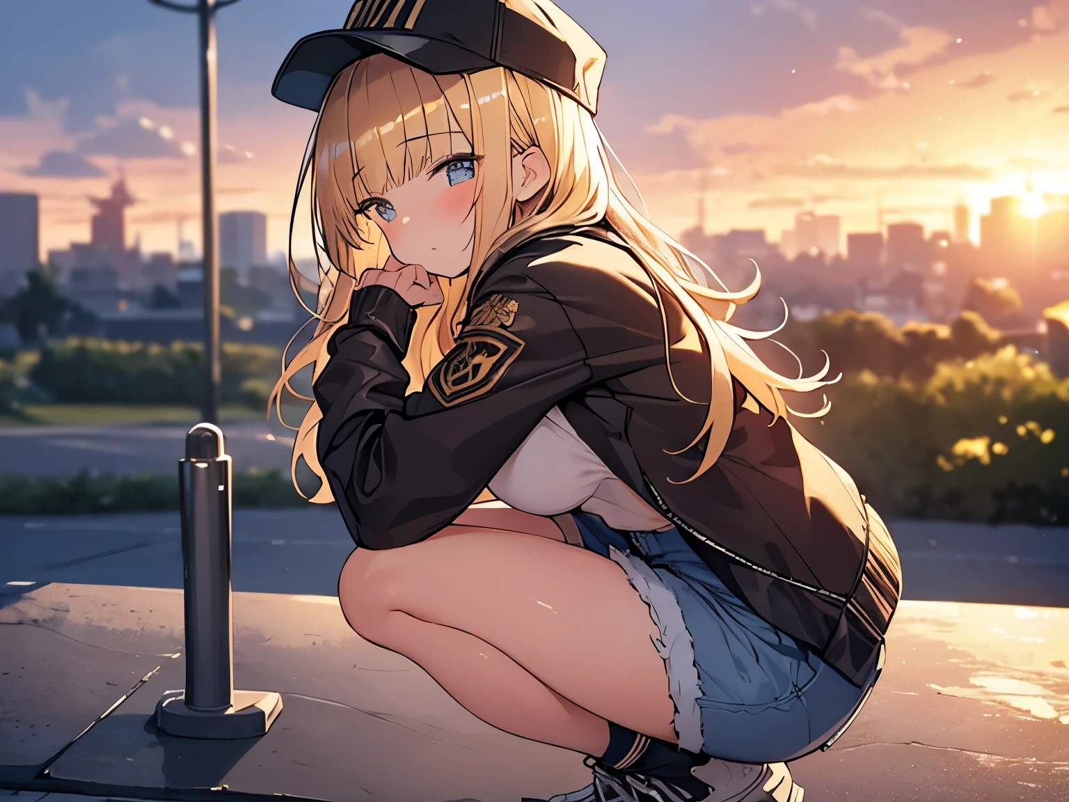 Masterpiece, Top quality, 1 beautiful girl, Blonde, medium Hair, wavy Hair, blunt bangs, silky hair, , standard weight, medium breasts, (cool jacket, Shorts :1.3), cap, happy, blush, beautiful scene of park, blurry background, back lighting, magnificent panorama view, sunset, from side, squatting down