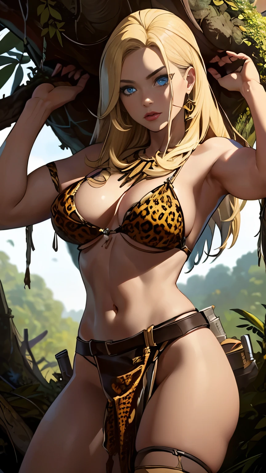 (Highly quality, masterpiece, detailed), Jungle detailed scenario, Jungle detailed background, 20 years old girl, solo, shantsd2023, 1 girl, loincloth, leopard print, blonde, toned, navel, perfect face, beautiful eyes, perfect eyes, looking at the viewer, Sexy pose