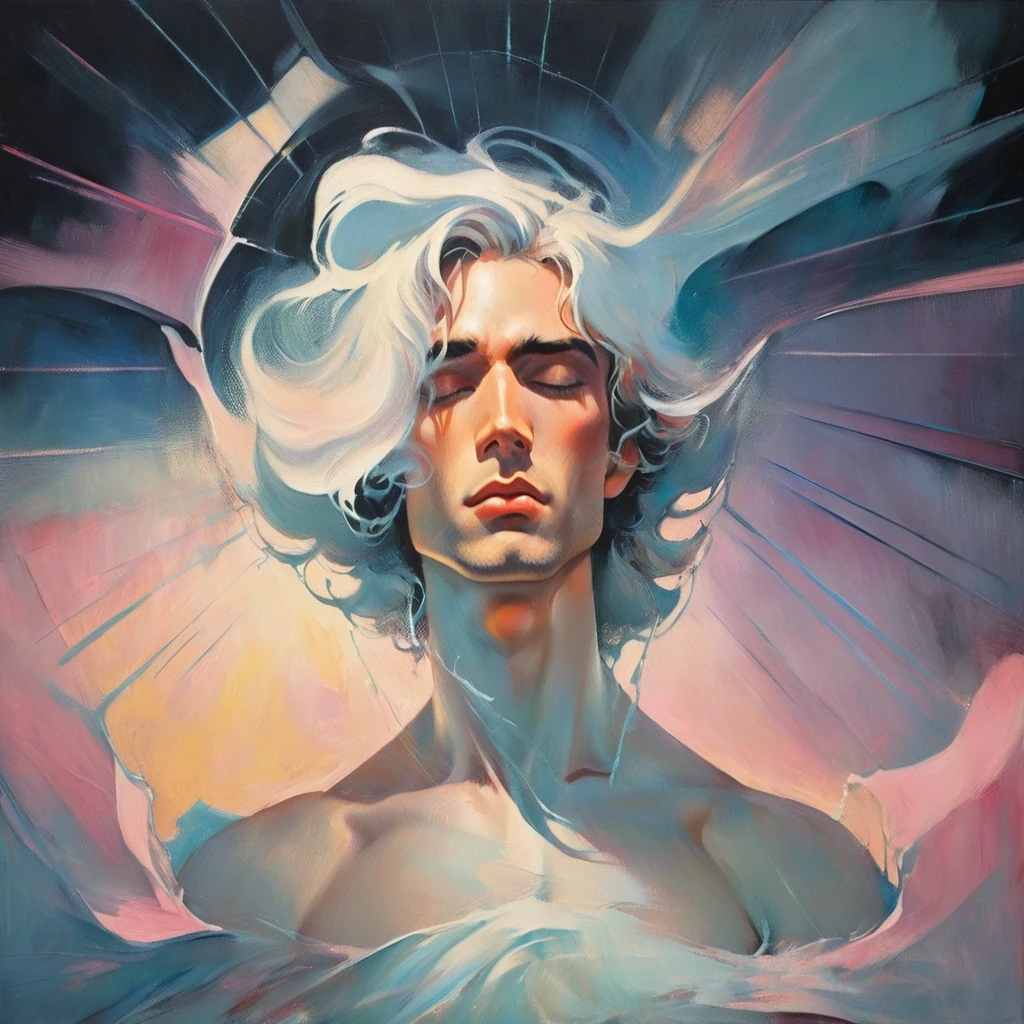 chiaroscuro technique on sensual illustration of an arafed man in white underwear, sexy masculine, diego fazio, male model, by Ludovit Fulla, model with attractive body, inspired by Ludovit Fulla, mid-shot of a hunky, the model draped in flowing, thick oil painting by Harumi Hironaka, extremely soft colors, vibrant, highly detailed, malcolm liepke painting, oil on canvas, high contrast, dramatic, refined, tonal, Create high contrast between light and shadow