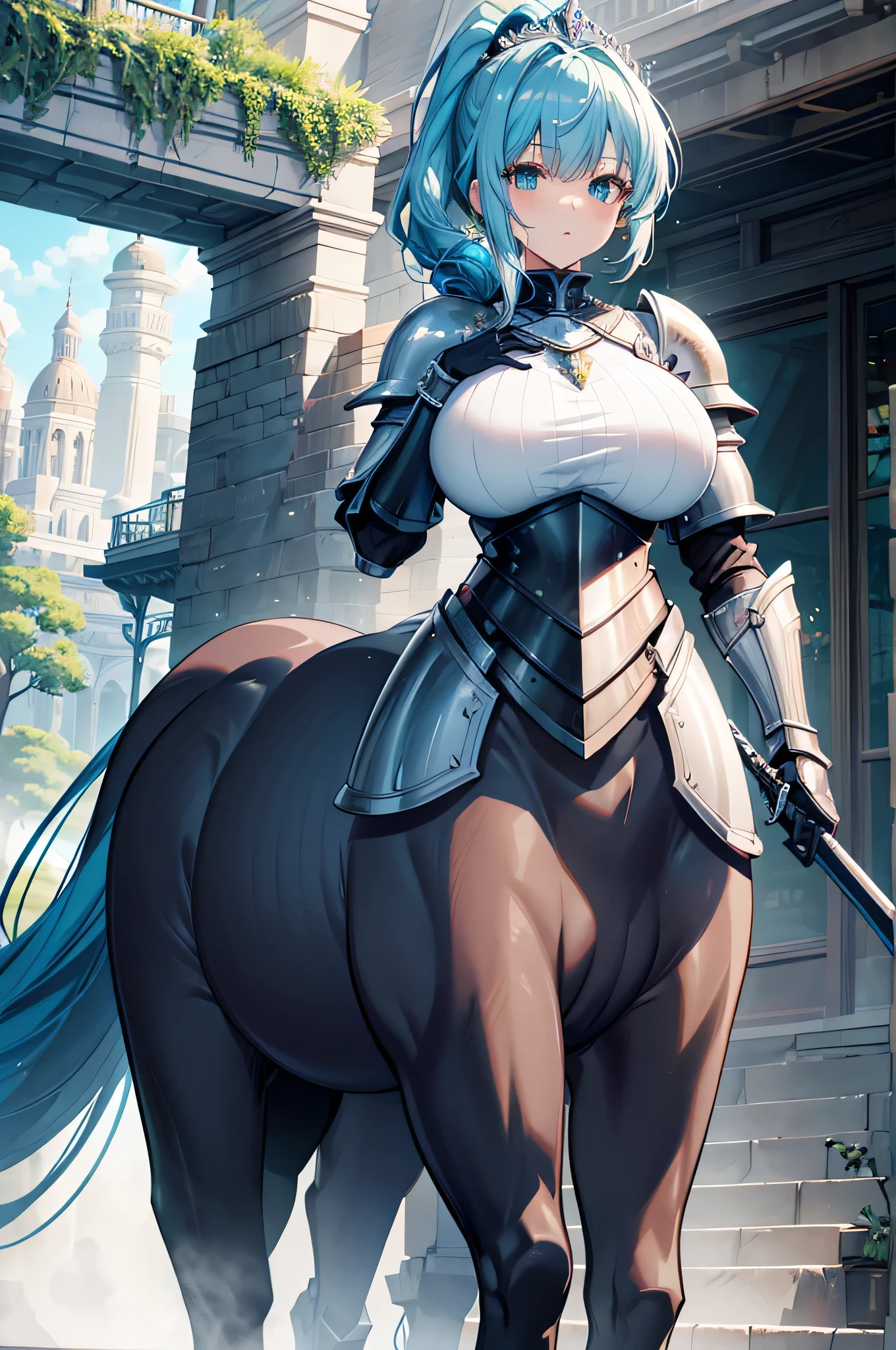 4k,High resolution,One Woman,Centaur,Bright blue hair,Long Ponytail,Green Eyes,Big Breasts,Princess Knight,knight armor,Heavy Armor,Full Armor,Princess Tiara,Jewelry decoration,Long sword,Plains