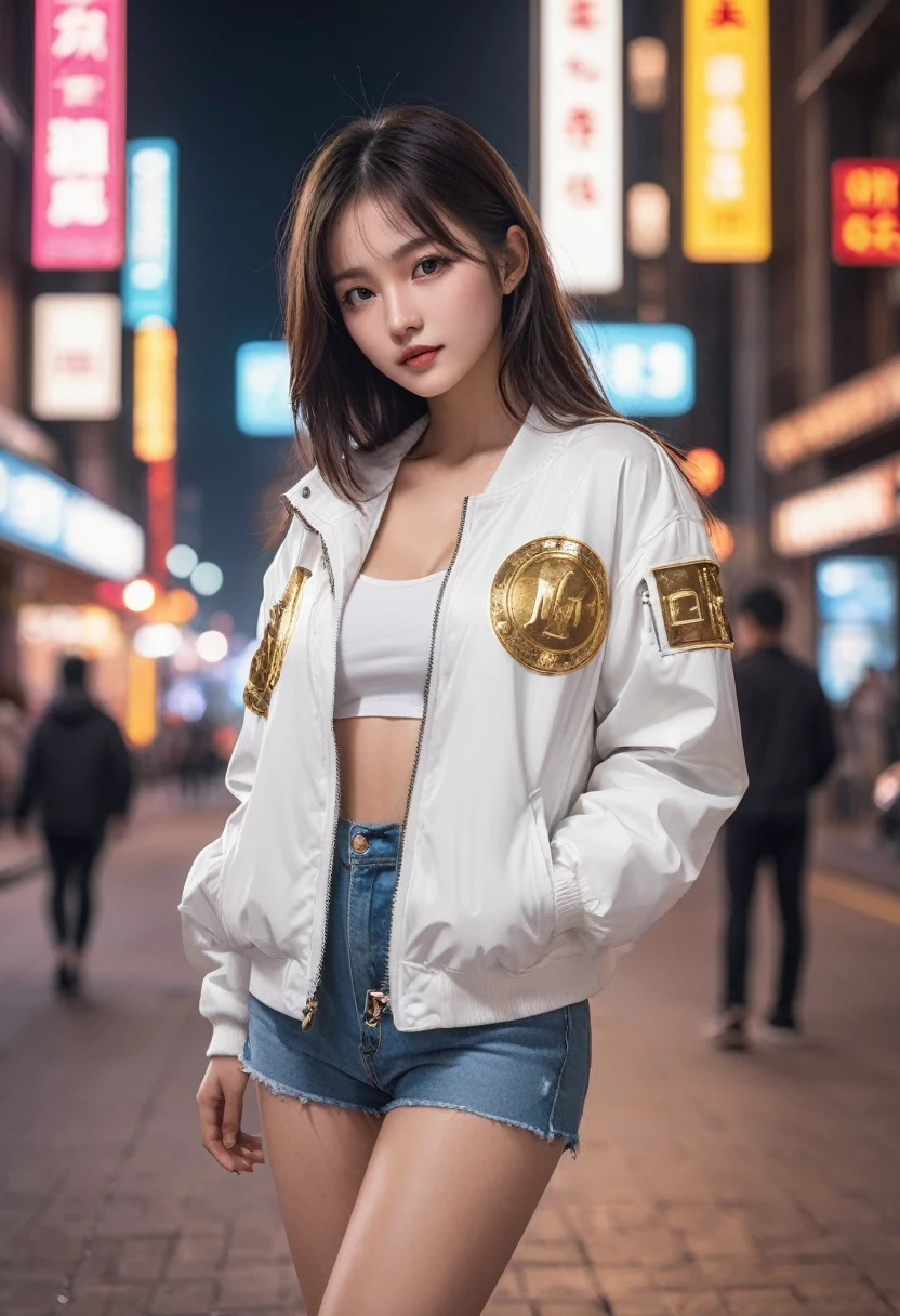 Sateen, city night view, modern city night view, Vibrant neon lights, Busy streets, Vibrant nightlife, KTV, Bustling bars, Colorful graffiti, Glowing billboards, Gold tattoos 1beautiful girl, flowing black brown hair, white skin Details, medium bust, wearing a white boomber jacket, Vray tracking style, When it's Martin , Yumei, Reverse, close up, Dark white and gold, speedpainting, tmasterpiece, Top quality,
