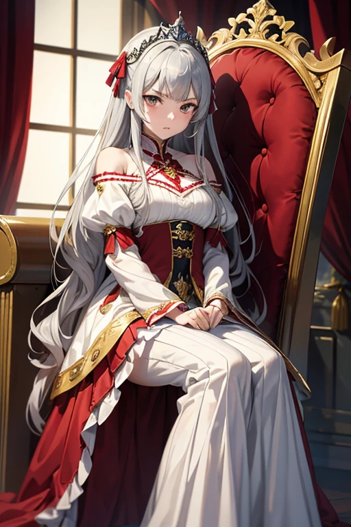 masterpiece, highest quality, High resolution, 14-year-old girl、Golden Eyes、
Silver Hair,  A little angry、Long Hair、Crimson frill dress, Clothes with puffy shoulders、flare skirt、Long skirt、Tiara on head、Wang yi、Sitting on the throne、Medieval knights are lined up in the background.