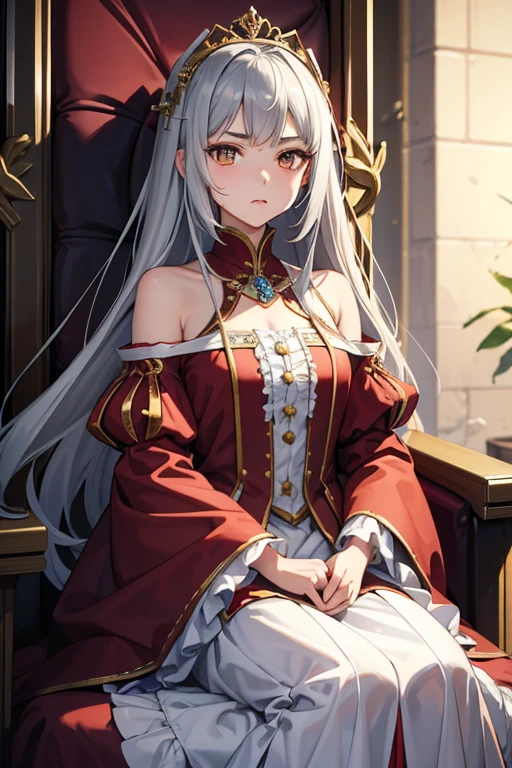 masterpiece, highest quality, High resolution, 14-year-old girl、Golden Eyes、
Silver Hair,  A little angry、Long Hair、Crimson frill dress, Clothes with puffy shoulders、flare skirt、Long skirt、Tiara on head、Wang yi、Sitting on the throne、Medieval knights are lined up in the background.