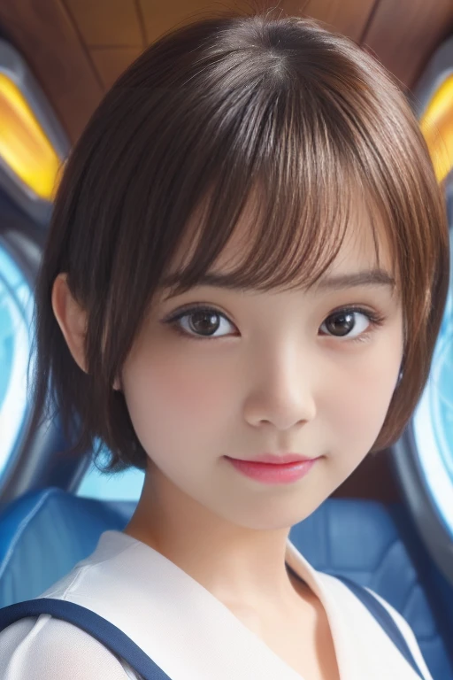 (anime,portrait,highly-detailed,photorealistic:1.2,best quality,4k,8k,highres,masterpiece:1.2),(ultra-detailed, realistic, photorealistic:1.37), (portrait of a young Japanese girl with an innocent and super ultra cute expression, photorealistic style:1.2), (Close-up of her eyes with perfect, clear and beautiful details:2.0), (her eyes are extremely enchanting:1.5), (her -like face is exquisitely detailed, showing every fine feature:1.5), (she has a no makeup look, and her short hair:1.5), (neatly-styled hair enhances her charm:1.0), (She is dressed in a cabin attendant costume:1.5), (looking both professional and captivating:1.5), (her radiant smile exudes joy and warmth:1.0), (the sunlight gently illuminates her face, casting a gentle and warm lighting:1.25), the colors are vibrant, enhancing the overall vibrancy of the portrait:1.0.(She's on a spaceship:1.5).