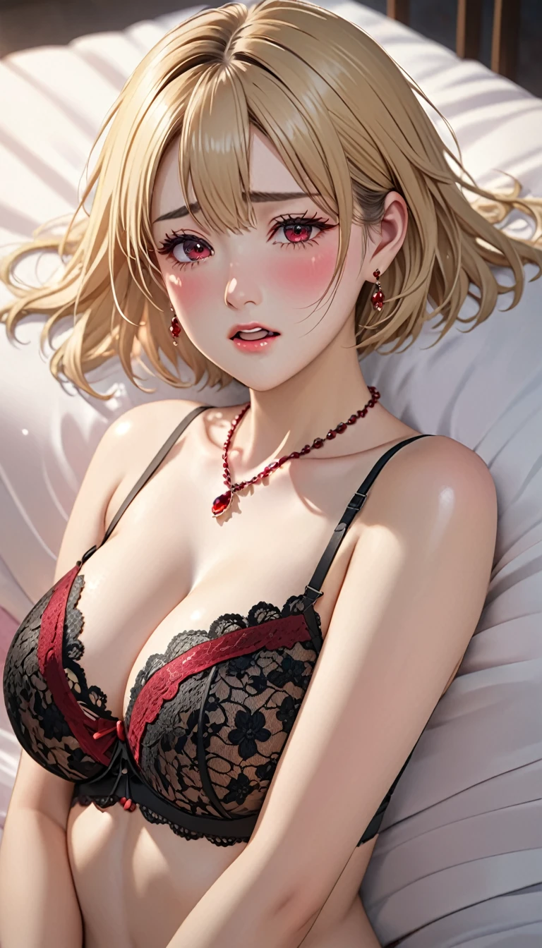 National Science Foundation,masterpiece,High resolution,8K,Art,digit,Three-dimensional,Realism,Kyoto Animation Style,Your name style,looking into camera,Soft Light,Glowing skin,(Huge breasts:1.2),(1 female: 1.3),(alone: 1.4),(((blonde))),(Gorgeous,Sparkling black lace bra and briefs),(Gorgeous閃閃發光的黑色蕾絲過膝長襪),(ruby hairpin),(Small,ruby necklace),(Small,ruby earrings),Long eyelashes,Slender legs,Short Bob,Close-up of upper body,Close-up,lying down,(dark red eyes),(open mouth),(blush),(shy),(lovely and delicate),(Pitiful),(cry),(pain),(((sadness)))