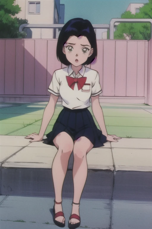 1girl, solo, :o .EPTakeuchiNaokoStyle, 1990s \(style\), anime screencap, retro artstyle, anime coloring, traditional media, jadechan, lolicon, short black hair, school_uniform, serefuku, full body view, sitting, outdoor