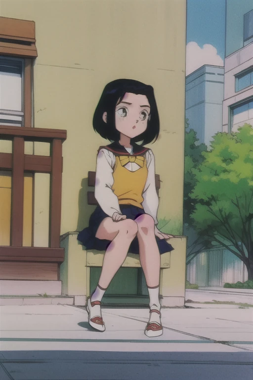 1girl, solo, :o .EPTakeuchiNaokoStyle, 1990s \(style\), anime screencap, retro artstyle, anime coloring, traditional media, jadechan, ****con, short black hair, school_uniform, serefuku, full body view, sitting, outdoor 