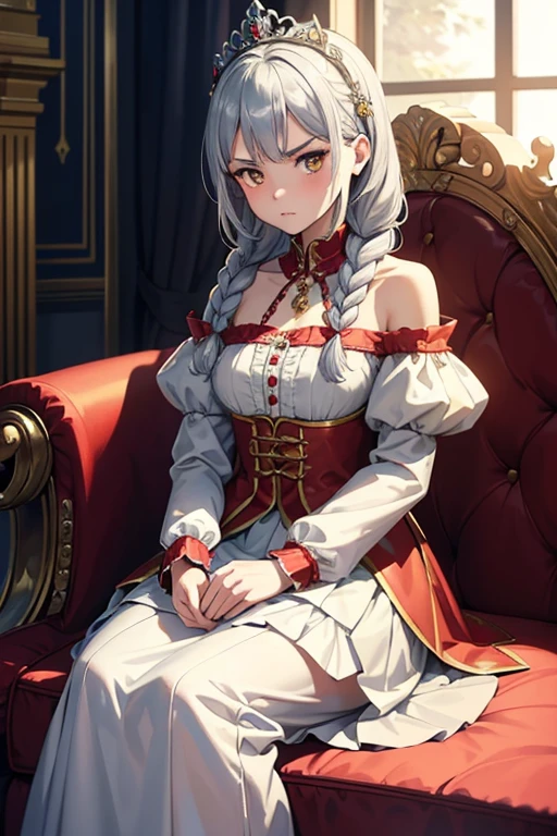 masterpiece, highest quality, High resolution, 10-year-old girl、Golden Eyes、
Silver Hair,  A little angry、Braiding、Crimson frill dress, Clothes with puffy shoulders、flare skirt、Long skirt、Tiara on head、royal palace、Sitting on the throne、Medieval knights are lined up in the background.