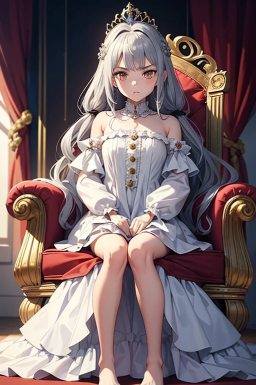 masterpiece, highest quality, High resolution, 10-year-old girl、Golden Eyes、
Silver Hair,  A little angry、Braiding、Crimson frill dress, Clothes with puffy shoulders、flare skirt、Long skirt、Tiara on head、royal palace、Sitting on the throne、Medieval knights are lined up in the background.