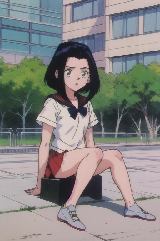 1girl, solo, :o .EPTakeuchiNaokoStyle, 1990s \(style\), anime screencap, retro artstyle, anime coloring, traditional media, jadechan, ****con, short black hair, school_uniform, serefuku, full body view, sitting, outdoor, monster body 