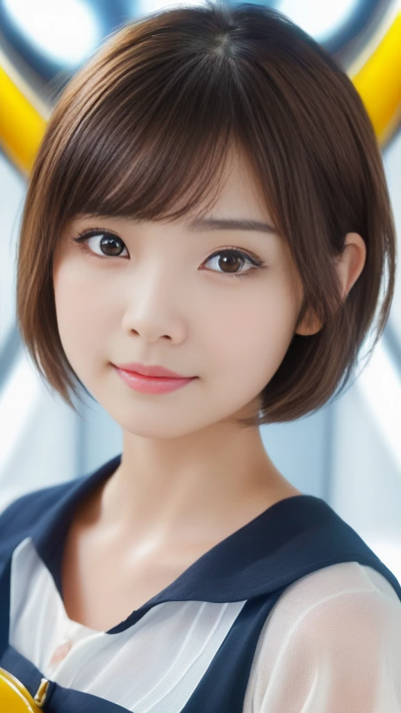 (anime,portrait,highly-detailed,photorealistic:1.2,best quality,4k,8k,highres,masterpiece:1.2),(ultra-detailed, realistic, photorealistic:1.37), (portrait of a young Japanese girl with an innocent and super ultra cute expression, photorealistic style:1.2), (Close-up of her eyes with perfect, clear and beautiful details:2.0), (her eyes are extremely enchanting:1.5), (her -like face is exquisitely detailed, showing every fine feature:1.5), (she has a no makeup look, and her short hair:1.5), (neatly-styled hair enhances her charm:1.0), (She is dressed in a cabin attendant costume:1.5), (looking both professional and captivating:1.5), (her radiant smile exudes joy and warmth:1.0), (the sunlight gently illuminates her face, casting a gentle and warm lighting:1.25), the colors are vibrant, enhancing the overall vibrancy of the portrait:1.0.(She's on a spaceship:1.5).