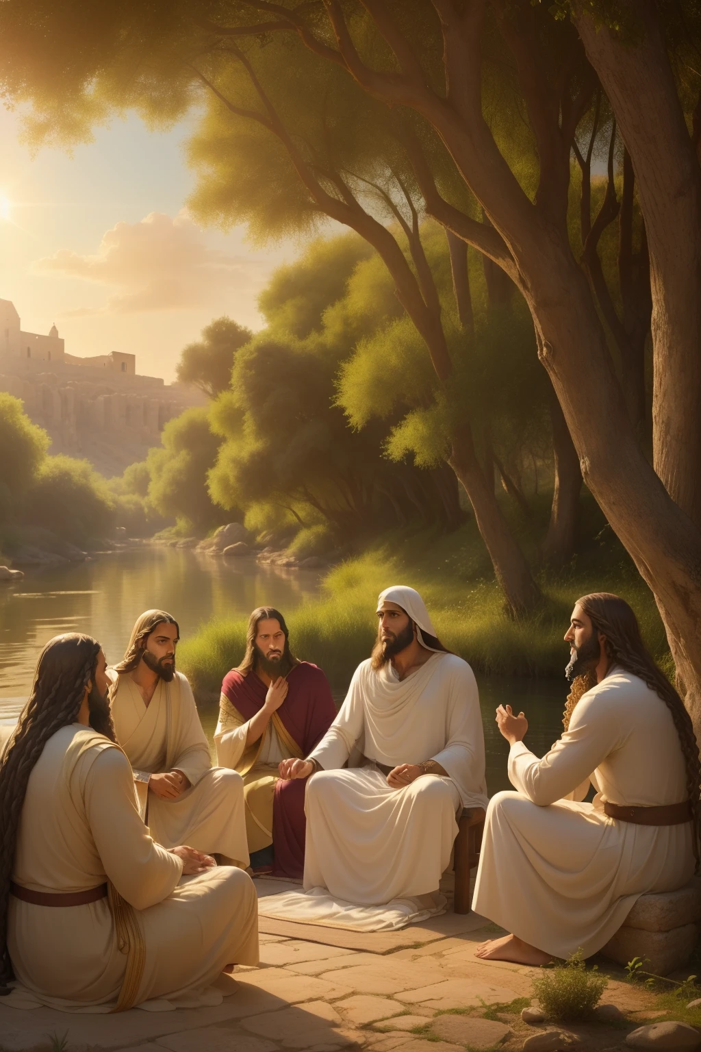 Photo of an ethereal gathering, raw, (Divine figures: 1.5), (Jesus Christ and his apostles), (Mediterranean-inspired settings), (Robed men with long, flowing garments), (Jesus: 1.3), (Long hair, curled, with a touch of golden hue), (Beardless, with a serene, calm expression), (Apostles: 1.2), (Intricate clothing, reminiscent of the era), (Distinctive personalities etched on their faces), (by the River Jordan), (Riverbank, lush and green, with a gentle breeze), (Shimmering sunlight