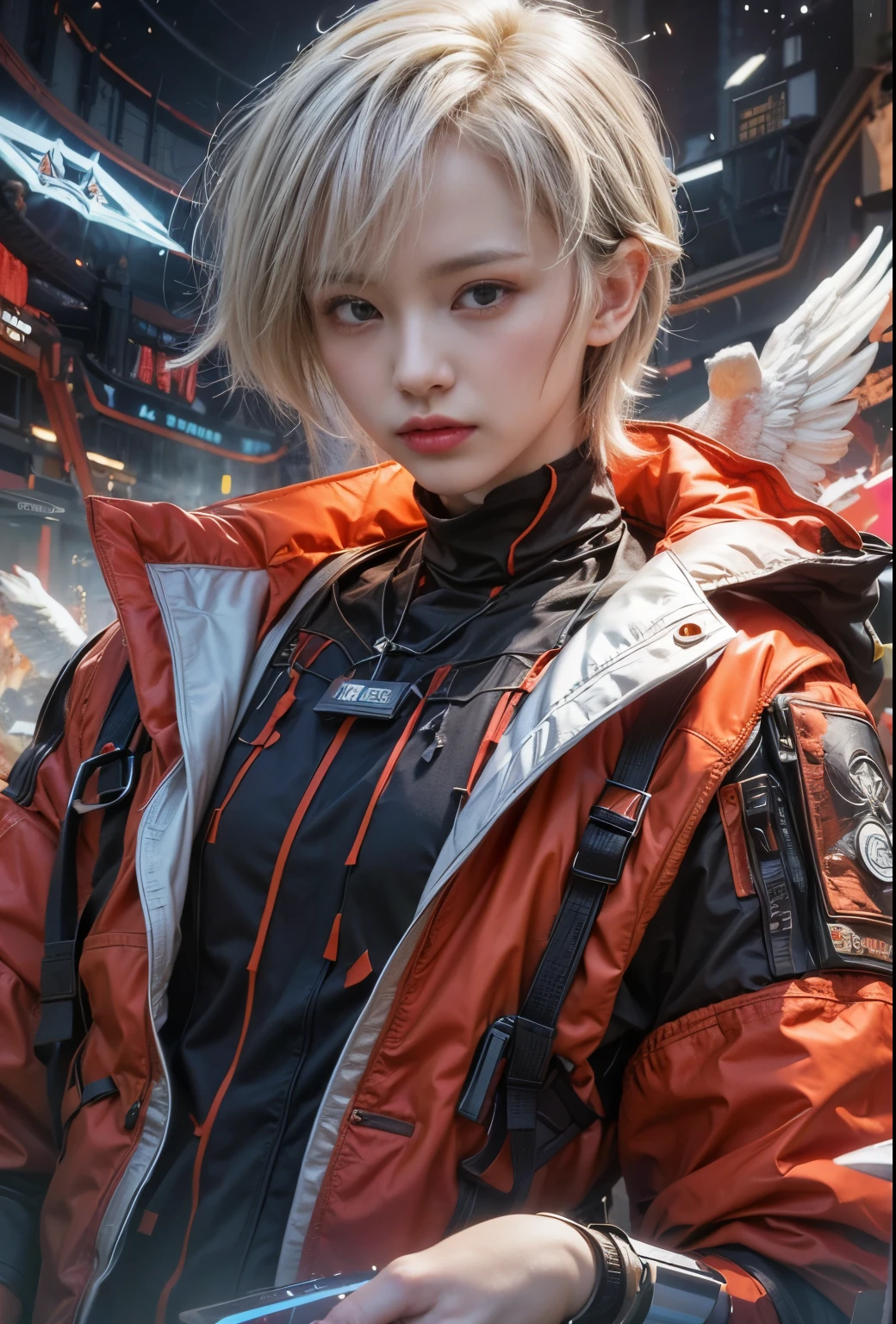 (Full Body Shot) , 1 Machine Angel ,Anatomically correct,Wing Rack Transparent Armor made of white clear plastic, Food:1.2, alone,Extremely intricate details、(Circular base:1.2), Cyberpunk Style, Dreamy sparkle, clean, Brown undertones, combat damage style:1.2,White transparent style ( clean background,Global Illumination, Ray Tracing, High resolution, Unreal Rendering,Streamlined Design, High detail, masterpiece, highest quality, Hyper HD, Cinema Lighting)