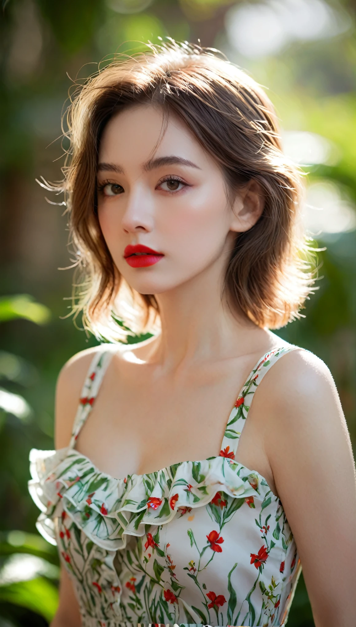 Lindsgnar, (Clear focus: 1.5), (Clear focus:1.2), photo, Attractive young woman, (Pretty Face:1.1), Delicate eyes, Sweet lips, (Bold red lip color:0.85), (Medium breasts:1.0), (slim:1.2), Wear (1980s Ruffle Dress:1.2) in a (Botanical Gardens:1.2). (Mood lighting:1.2), Depth of Field, Bokeh, 4K, HDR. go through (James C. Christensen:1.2|Jeremy Lipkin:1.1).