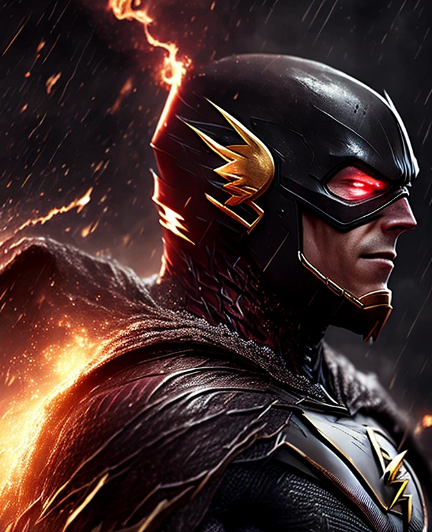 Close-up (Ghost Flash from DC in Viking style: 1.3) emerging from wet black mud, extremely detailed, smoke, sparks, metal shavings, flying debris, volumetric light