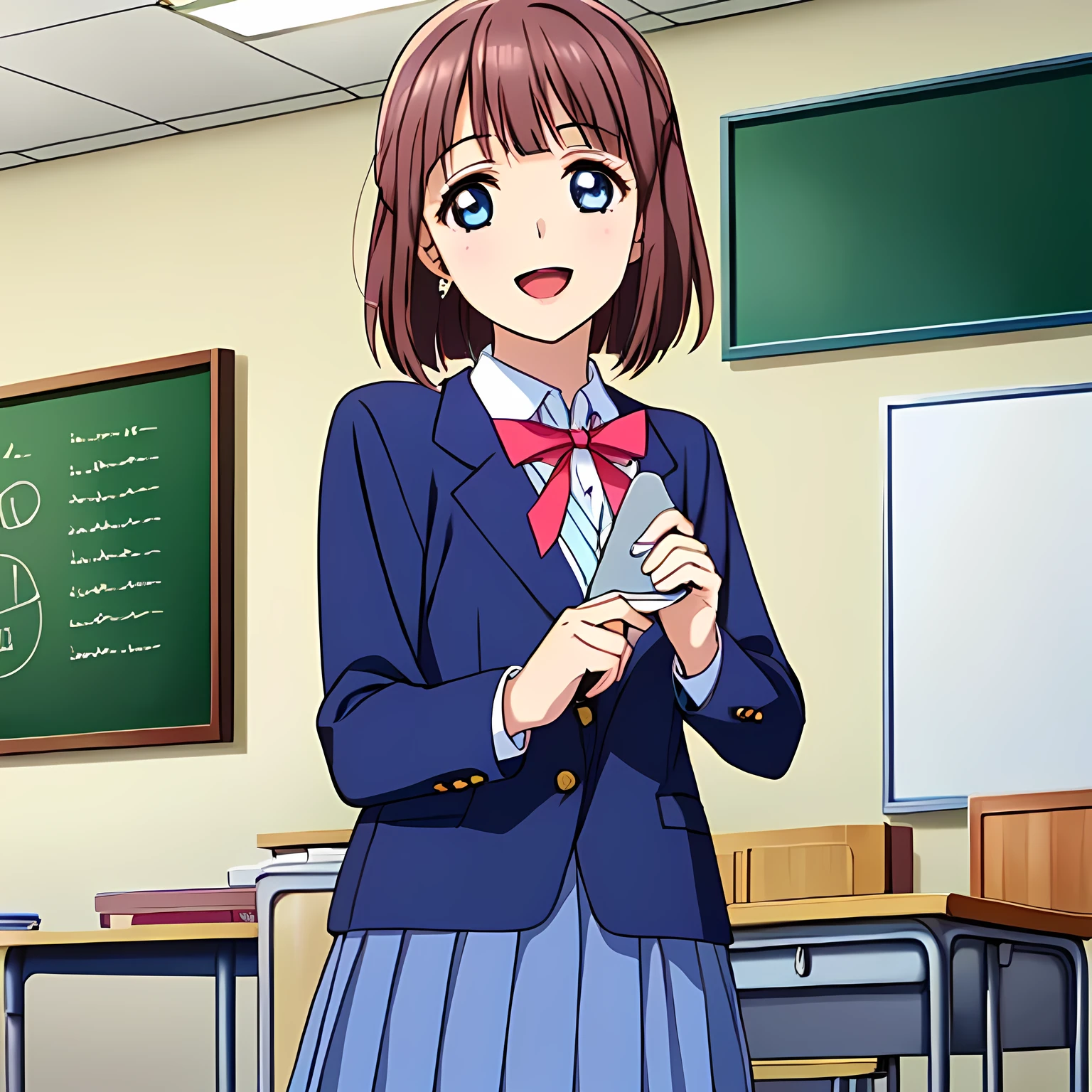 highest quality, (masterpiece:1.2), Very detailed, Game CG, (((Very beautiful girl in school uniform1A fashion model is drawing a heart symbol on a blackboard))), ((The girl everyone loves)), (((Brown and very shiny short bob hair))), (((Navy blue blazer))), ((Navy blue pleated long skirt)), ((((Very beautiful and shining eyes)))), ((Very long eyelashes)), A large crimson ribbon on the chest, ((An elegant expression like a noble princess)), (((A beautiful and enchanting smile))), Small face and great posture, ((Heavenly happiness)), (((The background is a school classroom with the wind blowing))), ((Very intelligent face)), ((Anime heroine smiling and open mouth))