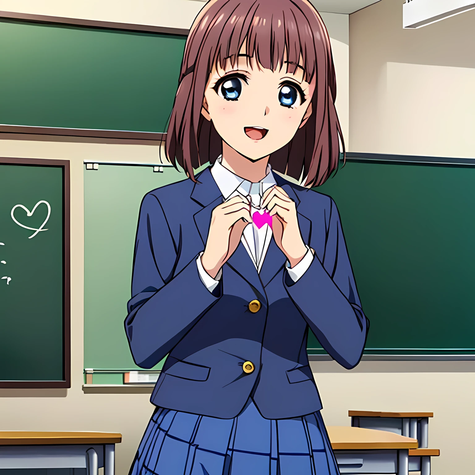 highest quality, (masterpiece:1.2), Very detailed, Game CG, (((Very beautiful girl in school uniform１A fashion model is drawing a heart symbol on a blackboard))), ((The girl everyone loves)), (((Brown and very shiny short bob hair))), (((Navy blue blazer))), ((Navy blue pleated long skirt)), ((((Very beautiful and shining eyes)))), ((Very long eyelashes)), A large crimson ribbon on the chest, ((An elegant expression like a noble princess)), (((A beautiful and enchanting smile))), Small face and great posture, ((Heavenly happiness)), (((The background is a school classroom with the wind blowing))), ((Very intelligent face)), ((Anime heroine smiling and open mouth))