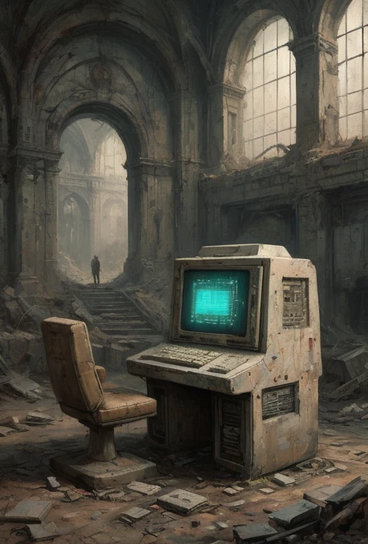 Dystopian retro future computer in ruins, Game Art, The art of math, nostalgic concept art, Inspired by Ismail Inceoglu, Ex, 80's style tomasz alen kopera, masterpiece, detailed, Science Fiction, best quality, high resolution, HD, 8k