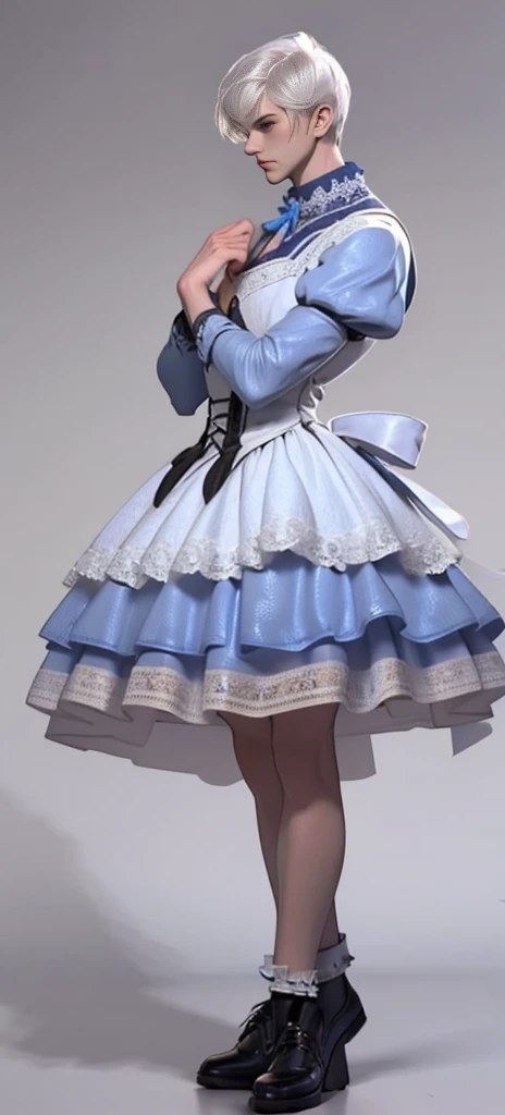 Beauty all over the body,Blue and white Lolita cos evening dress,Harnes,Lace,Stand head-on,leather shoes,greybackground, femmen pumped up, short hair