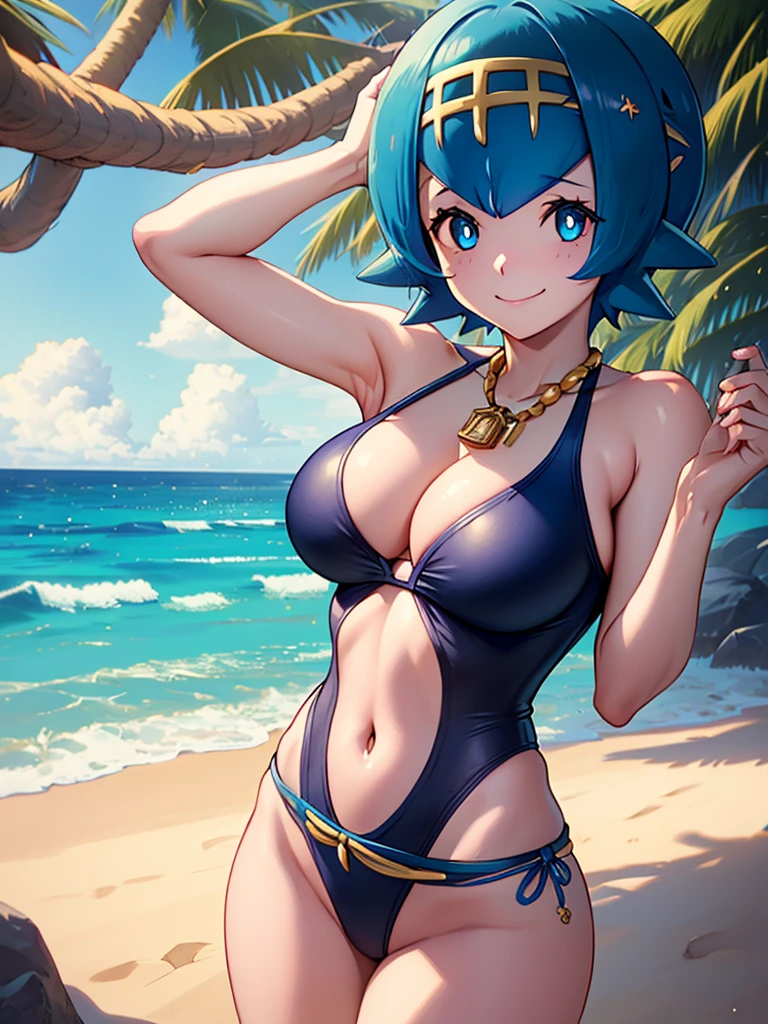 whole body,smile,Big Breasts, (((masterpiece))), (((最high quality))), ((8k)), (Advanced Details), (high quality), (High resolution), Sexy pose,Lana/pokemon,Blue Hair,Shortcuts,Golden hair ornament,Groin,Very flashy swimsuit,